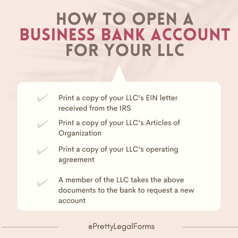 Ready to open your LLC's business account? Gather essential docs like EIN letter, Articles of Organization, and operating agreement. Have an LLC member take these to the bank for account setup. Don't forget to check out @prettylegalforms for more legal insights, tips, and contract templates to support your small business. Small Business Steps, Articles Of Organization Llc, How To Obtain An Llc, Operating Agreement Llc, How To Pay Yourself As An Llc, Best Banks For Small Business, Llc Business Name Ideas, How To Open A Business, How To Start An Llc