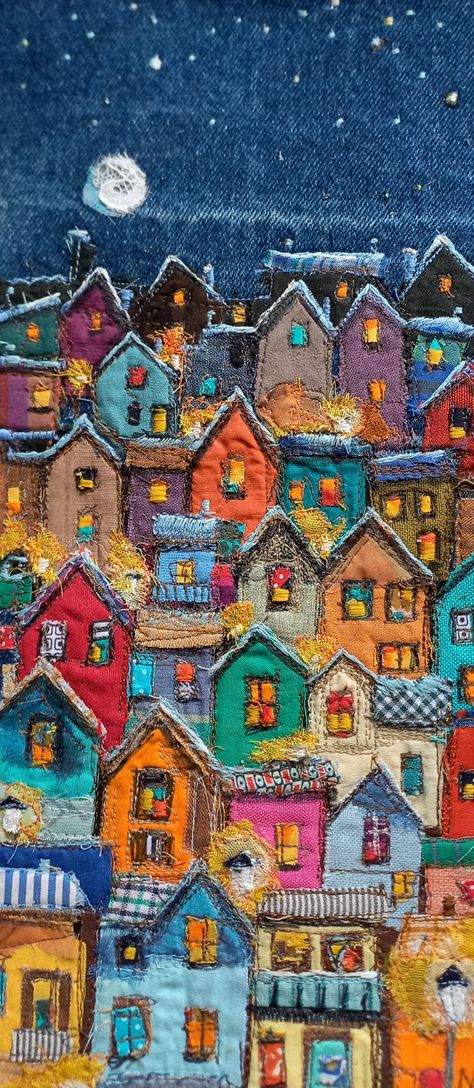 Fabric collage, textile art Fabric Collage Ideas Textiles, Fiber Collage Art, Christmas Fabric Collage, Collage With Fabric, Patchwork Textile Art, Fabric Collage Ideas, Fabric Collage Landscape, Textile Landscapes Inspiration, Fabric Collage Art