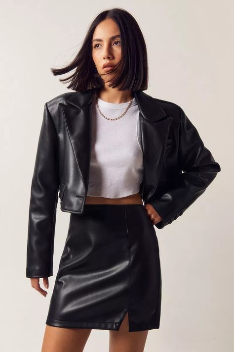 Cropped Faux Leather Jacket | Nasty Gal Cropped Faux Leather Jacket, Military Jacket Green, Borg Jacket, Tiktok Outfits, Petite Skirt, Faux Leather Fabric, Faux Leather Jacket, Leather Mini Skirts, Black Crop