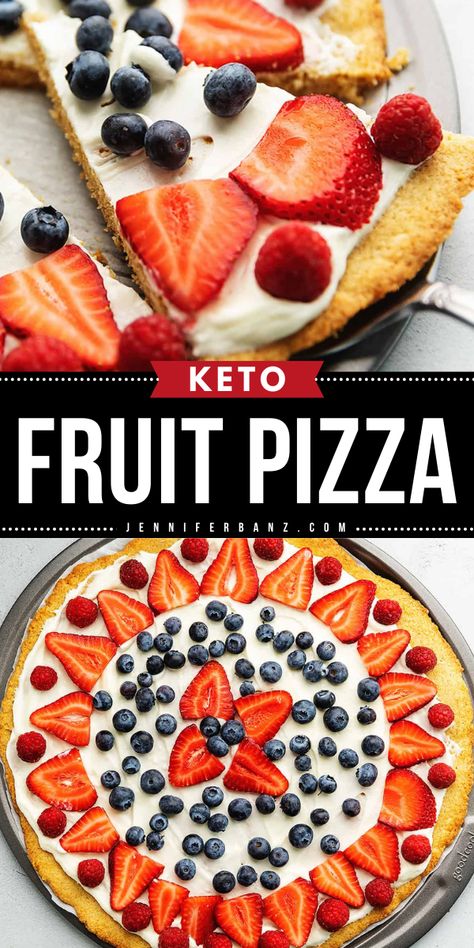 This best keto fruit pizza recipe will be a perfect addition to your simple 4th of July desserts! This easy pizza recipe is light and refreshing with a sugar-free cookie crust, cream cheese frosting, and topped with fresh summer berries! Gluten-free! Healthy Low Fat Recipes, Sugar Free Fruits, Fruit Pizza Sugar Cookie, July Desserts, Keto Fruit, Fruit Pizza Recipe, Low Carb Ice Cream, Low Carb Drinks, Pizza Recipes Easy