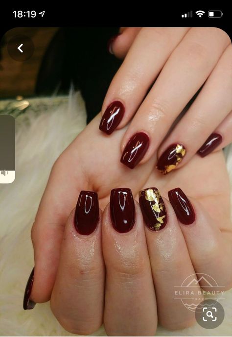 Burgundy White And Gold Nails, Gold Flaked Nails, Deep Red Nails With Glitter, Red Nails With Foil Flakes, Red And Gold Flake Nails, Red With Gold Flakes Nails, Maroon Nails With Gold Flakes, Red And Gold Manicure, Red And Gold Foil Nails