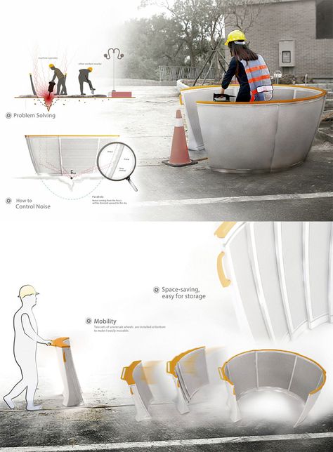 The 'Noise Collecting Barrier' may just as well be the most necessary product in our lives, it isolates and redirects all construction/destruction related  noise with its parabolic design... READ MORE at Yanko Design ! Presentation Board Design, Social Innovation, Design Café, Model House Plan, Industrial Design Sketch, Id Design, Yanko Design, Futuristic Technology, Design Typography