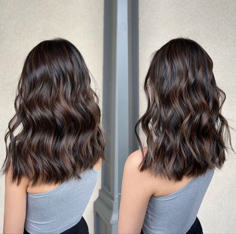 Chocolate brown babylights, Balayage, Short hair Oh Fudge, Brown Hair Inspo, Launch Pad, Brunette To Blonde, Blonde Brunette, Dark Brown Hair, Modern Salon, Chocolate Fudge, Dark Hair