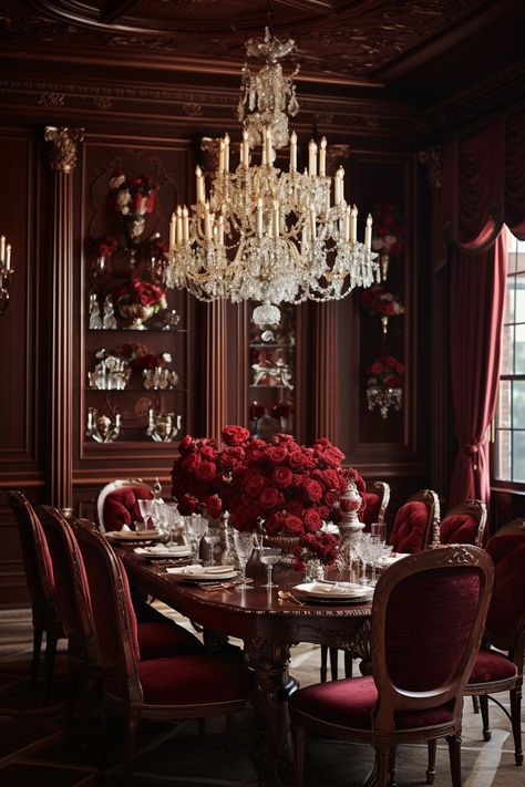 Dining Room Decor | Dining Room Ideas Scottish Dining Room, Romantic Dining Room Ideas, Victorian Style Dining Room, Burgundy Dining Room, Royal Dining Room, Romantic Dining Room, Victorian Dining Room, Dopamine Design, Velvet Dining Room