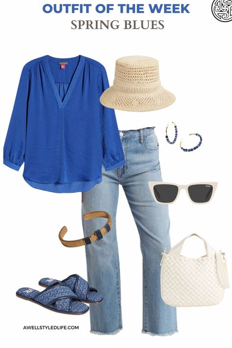 Cobalt Blue Top Outfit, Royal Blue Top, Woven Leather Tote, Lapis Blue, Better Style, Down Parka, Weekly Outfits, Hudson Jeans, Outfit Details