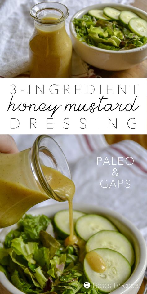 3-Ingredient Honey Mustard Dressing #paleo #realfood #GAPSdiet #salad Honey Mustard Salad Dressing, Mustard Salad Dressing, Gluten Free Sauces, Nut Free Recipes, Soy Recipes, Honey Mustard Dressing, Homemade Salads, Fun Salads, Mustard Dressing