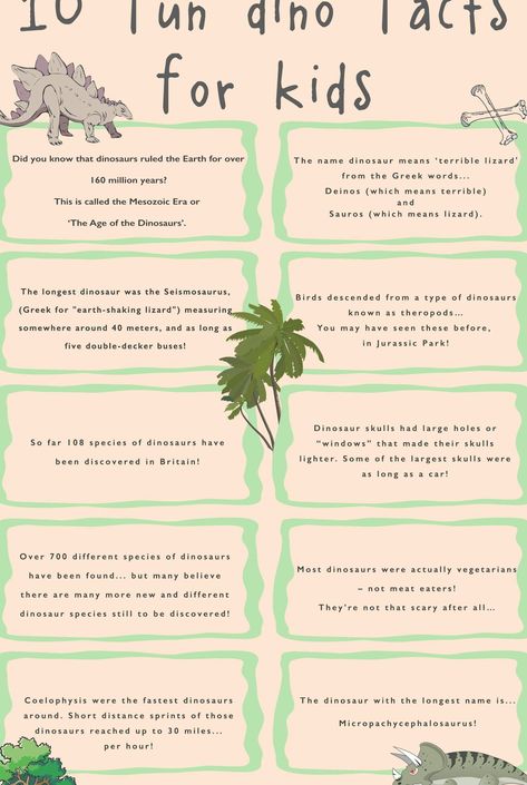 Check out our 10 favourite fun dino facts for kids! Looking for dinosaur inspiration ideas for your favorite litte ones, check the link for our kids dino tee range! Click that link! Fact Sheet Template, Dino Facts, Dinosaur Facts For Kids, Summer Camp Quotes, Dinosaur Week, Kids Facts, Dinosaur Lesson, Dinosaur Activities Preschool, Quotes Facts