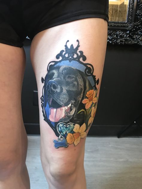 tattoo of my dogchild done by Dallas Cruz of Cruz Studios in Chilliwack, BC. #tattoo #dogtattoo #portraittattoo #blacklab #chilliwack #portraittattoo #dallascruztattoo #girlswithtattoos #thightattoo Dog Thigh Tattoo, Bc Tattoo, Lab Tattoo, Cruz Tattoo, Dallas Tattoo, Dog Portrait Tattoo, Chilliwack Bc, Inner Bicep Tattoo, Bicep Tattoo