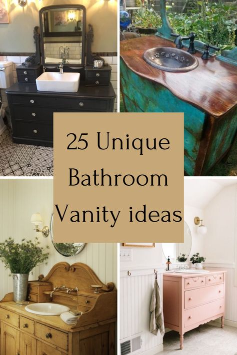 Kitchen Vanity Ideas, Cool Bathroom Vanity Ideas, Unusual Bathroom Vanity Ideas, Turning Furniture Into Bathroom Vanity, Dressers Made Into Bathroom Vanities, Bathroom Dresser Vanity Ideas, Bathroom With Dresser Vanity, Dresser Into Sink Vanity, Antique Dresser Bathroom Vanity Double Sinks