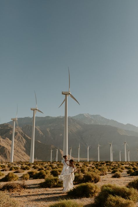 Windmill Photoshoot, Palm Springs Photoshoot, Palm Springs Windmills, Palm Springs Wedding Venues, Tropical Desert, Rue De Seine Wedding Dress, Desert City, Genuine Connection, Palm Springs Wedding