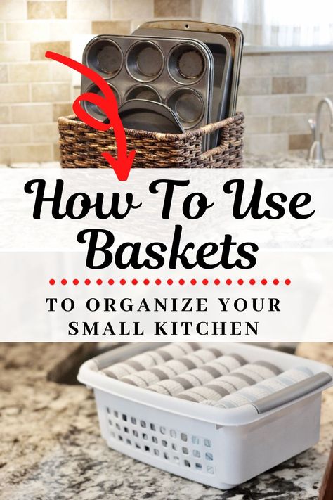 Small kitchens can be hard to organize. Using baskets to organize your small kitchen is a practical and easy solution to gain that much needed space. Follow these tips to quickly get your kitchen in order. Kitchen Basket Decor, Dish Towel Storage, Hanging Baskets Kitchen, Pantry Rack, Inside Kitchen Cabinets, Baking Storage, Flour Storage, Kitchen Storage Hacks, Kitchen Storage Space