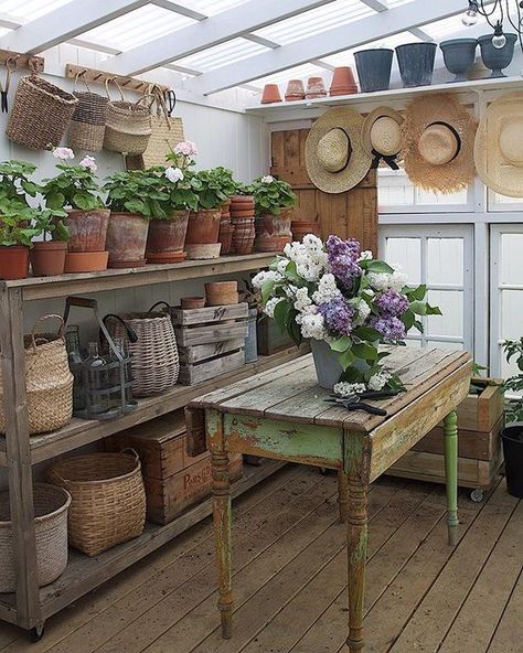 Country Garden Shed Ideas, Shed Inspiration, Garden Shed Interiors, Shed Interior, Greenhouse Shed, Pot Storage, Potting Tables, Backyard Greenhouse, Diy Greenhouse