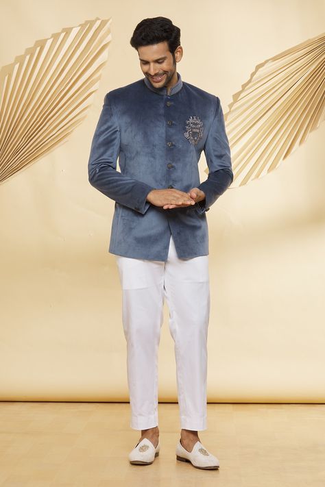 Shop for these amazing collections of Grey Jodhpuri: Suede Handwork And Pant Set For Men by Nero by Shaifali and Satya online at Aza Fashions. Jodhpuri Suit For Mens, Reception Outfit For Men, Blazer For Men Wedding Reception, Jodhpuri Suits For Men Latest, Jodhpuri Suits For Men Wedding, Mens Dresses, Suit For Men Wedding, Jodhpuri Suits For Men, Indian Wedding Clothes For Men