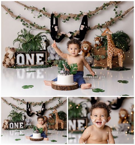 Jungle Cake Smash, Safari Cake Smash, Boy Birthday Pictures, Newborn Cake, Jungle Theme Cakes, Safari Cake, Cake Smash Theme, Jungle Safari Birthday, Wild Birthday Party