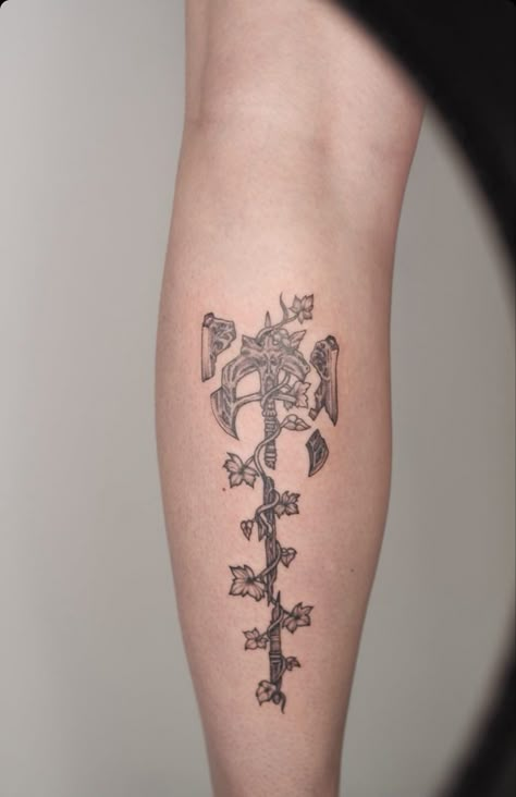 Video game tattoo, skyrim tattoo, wuuthrad battle axe, calf tattoo, leg tattoo, womens tattoo Elder Scrolls Tattoo Ideas, Paarthurnax Skyrim Tattoo, Dawnbreaker Tattoo, Calf Leg Tattoo, Skyrim Dragon Tattoo, Skyrim Tattoo Ideas, Medieval Tattoos, Elder Scrolls Tattoo, Thigh Tattoo Simple