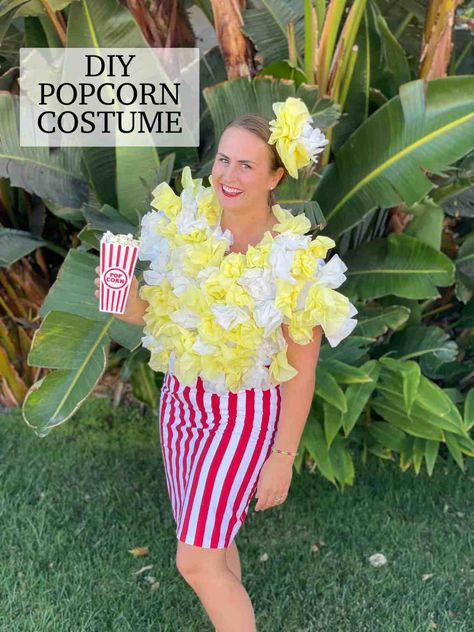 Diy Popcorn Costume, Popcorn Costume Diy, Popcorn Halloween Costume, Quick Halloween Costumes Last Minute, Quick Halloween Costumes Last Minute Men, Halloween Costumes Last Minute, Costumes Last Minute, Corn Costume, Popcorn Costume