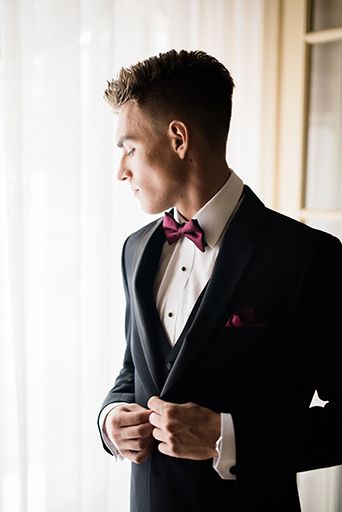 Burgundy Bow Tie Wedding, Black Suit With Bow Tie Wedding, Black Tux Burgundy Tie, Black Tux With Burgundy Tie, Black Suit Burgundy Bow Tie, Black And Burgundy Groomsmen, Black Bow Tie Outfit Men, Black Tux With Burgundy, Black On Black Tuxedo Wedding