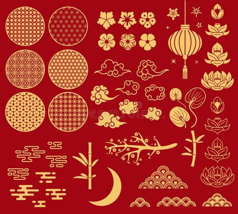 Chinese new year elements. Festive asian ornaments, patterns in oriental style. Clouds, moon and bamboo, sakura and royalty free illustration New Year Elements, Japanese Ornament, Asian Style Art, Chinese Ornament, Visuell Identitet, Zestaw Ikon, Chinese New Year Card, Chinese New Year Design, Chinese Flower