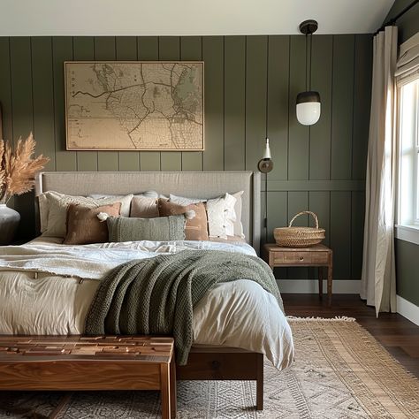 Scandinavian Cabin Interior Living Room, Bedroom Neutral Inspiration, Dark Green Board And Batten Wall Bedroom, Colored Accent Wall Bedroom, Eucalyptus Bedroom Color Palettes, Tone On Tone Bedroom, Cottage Modern Bedroom, Bedroom Inspo Green Walls, Neutral Sage Bedroom