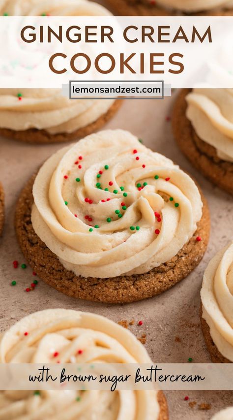 These irresistibly soft and chewy Ginger Cream Cookies are a perfect cookie for the holiday season and beyond. No electric mixer necessary so the cookie dough whips up in just minutes. A brown sugar buttercream pairs with the ginger and spices of the cookies so perfectly! Cookies With Brown Sugar, Breakfast Peanut Butter, Brown Sugar Buttercream, Holiday Dinner Ideas, Simple Treats, Brown Sugar Cookies, Cookies Holiday, Baked Good, Cream Cookies