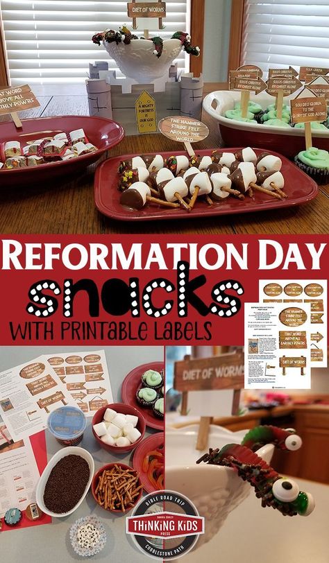 Reformation Day Snacks  Enrich your Reformation Day party for your family with these fun Reformation Day Snacks! via @DanikaCooley Reformation Day Snacks, Reformation Day Party Ideas, Reformation Day Decorations, Reformation Day Food, Reformation Crafts For Kids, Reformation Day Activities, Reformation Day Party, Reformation Celebration, Kindergarten History