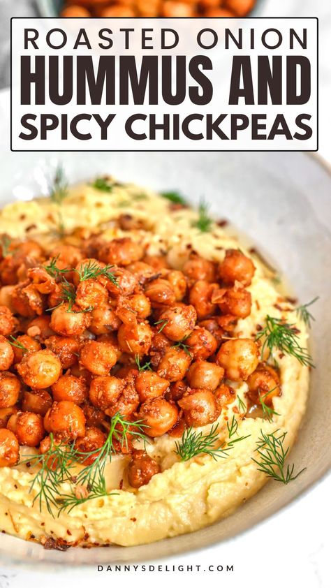 Hummus Recipe Onion Hummus Recipe, Onion Hummus, Pumpkin Hummus Recipe, Spicy Chickpeas, Chickpea Hummus, Zesty Salad, Crunchy Chickpeas, Roasted Onions, Chickpea Recipes