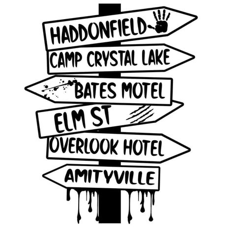 Horror City, Camp Crystal Lake, Overlook Hotel, City Sign, Design Jersey, Cricut Halloween, Bates Motel, Horror Tattoo, Cute Shirt Designs