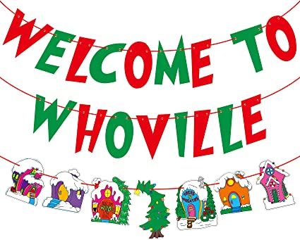 AmazonSmile: Welcome to Whoville Banner Whoville Sign Christmas Decorations Red and Green Christmas Banner Xmas Whoville Christmas Village Trees Banner Merry Christmas Decorations for House Office School : Toys & Games Welcome To Whoville, Whoville Christmas Decorations, Party Decorations Christmas, Christmas Vacation Party, Christmas Photo Booth Backdrop, Grinch Decorations, Grinch Christmas Party, Whoville Christmas, Grinch Party