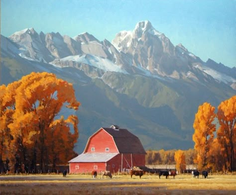 Wyoming Ranch, Mountain Scenes, Environment Painting, Jackson Hole Wyoming, Air Painting, Painting Nature, Rural Scenes, Landscape Art Painting, Autumn Scenery