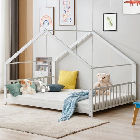 PRICES MAY VARY. [SPECIFICATIONS] 78.54"L x 55.9"W x 50.79"H. The toddler floor bed is constructed with a sturdy wood and metal frame that can enhance stability and durability. [NO BOX SPRING REQUIRED] The kids house bed is constructed with a sturdy wood and metal frame that can enhance stability and durability. Slats are included, just put your mattress on (mattress not included) [PLAYHOUSE DESIGN] Featuring roof, this unique montessori floor bed creates a fun and adorable space that not only s Full Size Floor Bed, Toddler Floor Bed Frame, Playhouse Design, Playhouse Bed, Montessori Floor Bed, House Beds For Kids, House Frame, Toddler Floor Bed, Floor Bed Frame