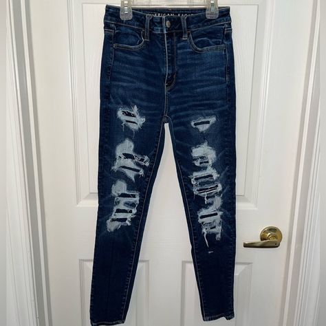 American Eagle - Faux Ripped Hi-rise Jegging - Size 4 Short Jean Material, Blue Soft, Stretchy Jeans, Jeans Material, Cute Fits, Jeggings, American Eagle Outfitters, American Eagle, Dark Blue