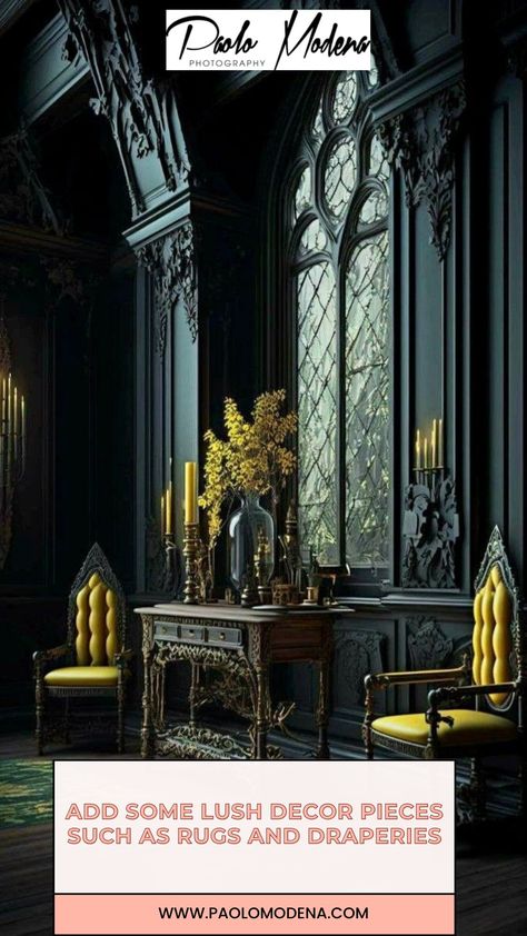 When it comes to completing the look of a baroque living room, the devil is in the details. Adding some lush decor pieces, such as rugs and draperies, can really help to bring your baroque-inspired vision to life. Opt for colors like deep burgundy or royal blue which will complement the classic gold accents you have already incorporated throughout the room. When it's all said and done, you'll be left with an eye-catching space that is filled with warmth and character- a perfect place to Horror Interior, Baroque Living Room, Gothic Home Interior, Gothic Interior, Interesting Interiors, Modern Gothic, My Fantasy World, Lush Decor, Gothic Design