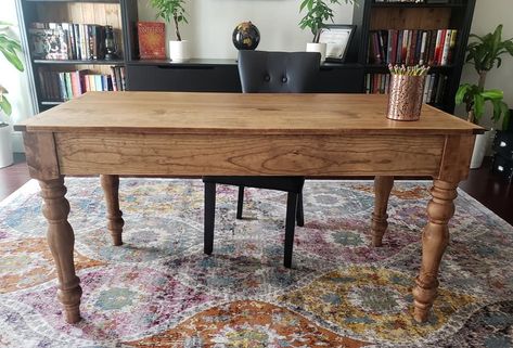 Farmhouse Table Desk, Farm House Desk, Farmhouse Desk Ideas, Farmhouse Desk Diy, Turned Leg Desk, Desk Woodworking Plans, Shack Living, Large Writing Desk, English Farm