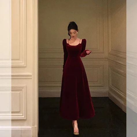 Sodoo - Long-Sleeve Square Neck Plain Velvet Maxi A-Line Dress | YesStyle Square Neck Dress, Long Maxi, Young Fashion, Style Maxi Dress, Long Maxi Dress, Full Sleeve, Square Neck, Elegant Dresses, A Line Dress