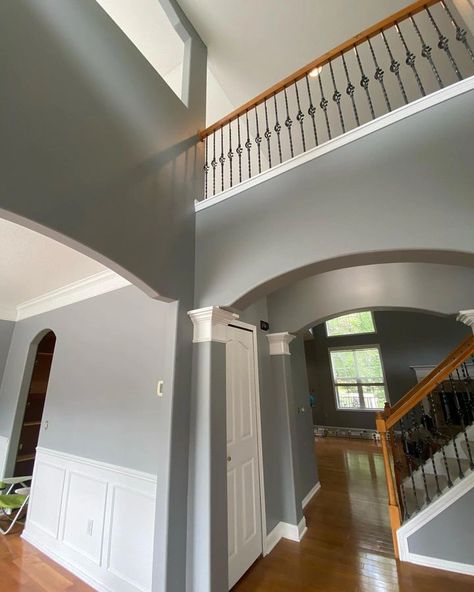 Grey house hallway with nice stairs Gray Matters Sherwin Williams Exterior, Grey Matters Sherwin Williams, Gray Matters Sherwin Williams, Sherwin Williams Gray Matters, House Hallway, Gray Stairs, Sherwin Williams Gray, Grey House, Sherwin Williams Colors