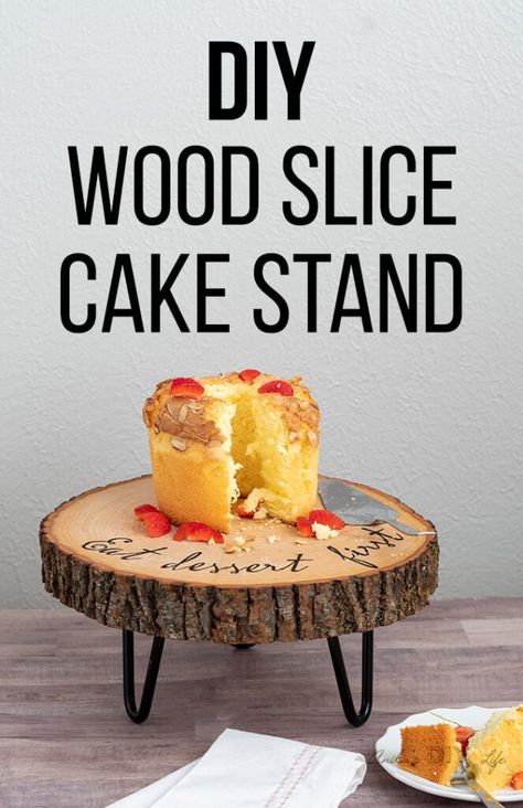 Love this idea! DIY wood slice cake stand. Great idea to use a tree stump! Makes a great rustic farmhouse cake stand for weddings or even holiday center pieces. Perfect for a desert stand idea. She has the full tutorial! Great handmade woodworking gift too! #anikasdiylife Cake Stand Ideas, Easy Diy Cake, Wood Slice Cake Stand, Large Wood Slices, Slice Cake, Diy Cake Stand, Wooden Cake Stands, Wood Cake Stand, Wood Slice Crafts