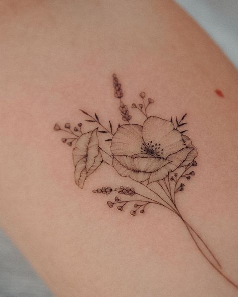 Bouquet Tattoos, Bunami Ink, Wheat Tattoo, Lined Art, Fineline Tattoo, Bouquet Tattoo, Poppies Tattoo, Floral Illustration, Tattoo Flash