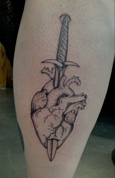 The sword is Sting from The Hobbit 🗡️ Heart With Three Swords Tattoo, Three Of Swords Anatomical Heart, Heart With Swords Tattoo, Dagger Through Heart Tattoo, Swordartonline Tattoo, Anatomical Heart, Heart Tattoo, Body Art, Tattoos