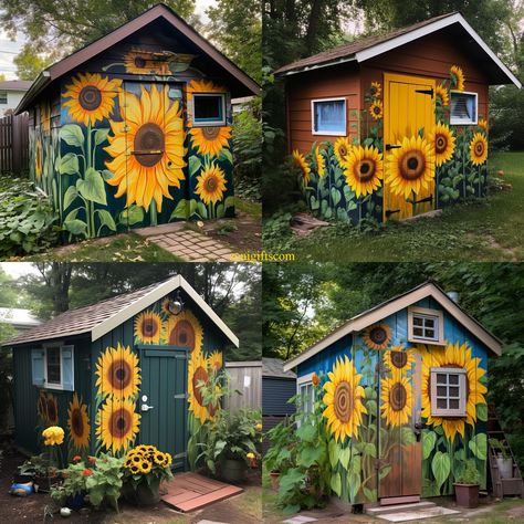 Beautiful Sunflower she shed - I Love Sunflowers Shed Mural, Painted Garden Sheds, Painted Shed, Garden Mural, Fence Art, School Garden, Wall Garden, Garden Yard Ideas, Garden Buildings