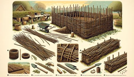 Garden Bed Garden, Wattle Fence, Natural Crafts, Wattle And Daub, Wooden Posts, House Illustration, Sustainable Garden, Parts Of A Plant, Raised Bed