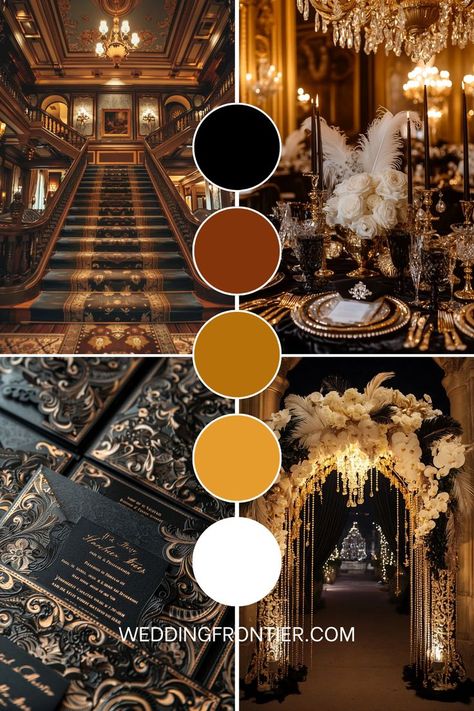 Great Gatsby wedding theme ideas for a glamorous, 1920s-inspired event. Great Gatsby Wedding Theme, Elegant Wedding Colors, Great Gatsby Themed Wedding, Flapper Fashion, Wedding Theme Color Schemes, Art Deco Invitations, Gatsby Wedding Theme, Roaring 1920s, Colorful Things