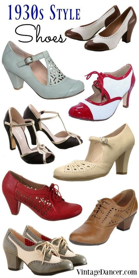 1930s shoes, 1930s style shoes, thirties shoes, vintage inspired 30s heels and oxfords at http://vintagedancer.com 1930s Shoes, Mode Rockabilly, 1930s Style, 30s Fashion, Look Retro, Retro Mode, 1930s Fashion, فستان سهر�ة, Moda Vintage