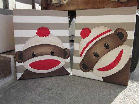 Sock Monkey Art Handpainted Paintings Set Wall by LoveFromDixie Sock Monkey Halloween Costume, Sock Monkey Nursery, Sock Monkeys Tutorial, Monkey Painting, Crochet Sock Monkeys, Sock Monkey Party, Sock Monkey Baby, Monkey Puppet, Monkey Wall Art