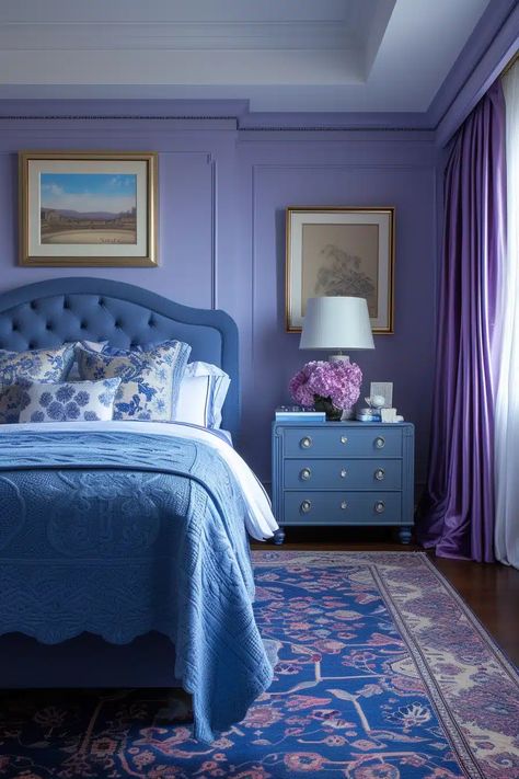 25 Chic Blue and Purple Bedroom Ideas for a Unique Sleep Space - Roomy Retreat Couple Bedroom Ideas Colorful, Navy Blue And Lilac Bedroom, Purple And Blue Room Decor, Blue And Purple Interior Design, Purple Turquoise Bedroom, Purple Bedroom Ideas For Women, Periwinkle Bedroom Ideas, Blue And Purple Bedroom Ideas, Black And Purple Bedroom Ideas