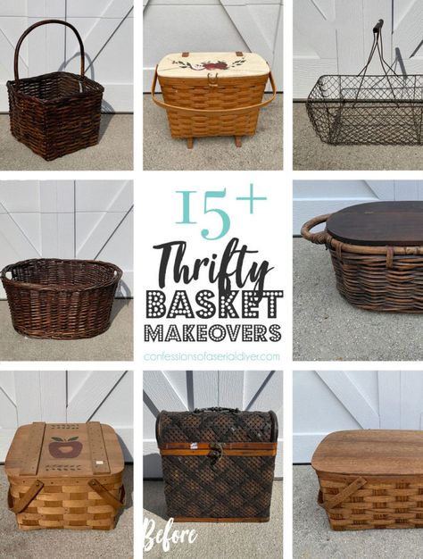 Painting A Basket, How To Paint Baskets, Basket Repurpose Ideas, Basket Display Ideas, Vintage Picnic Basket Decor, Painted Baskets Ideas, Metal Basket Decor Ideas, Upcycled Baskets, Small Basket Decor