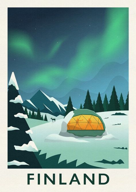 Finland Travel, Lapland Finland, Snowy Landscape, Old Advertisements, Easy Canvas Art, Retro Travel Poster, A Cabin, The Northern Lights, Dark Art Illustrations