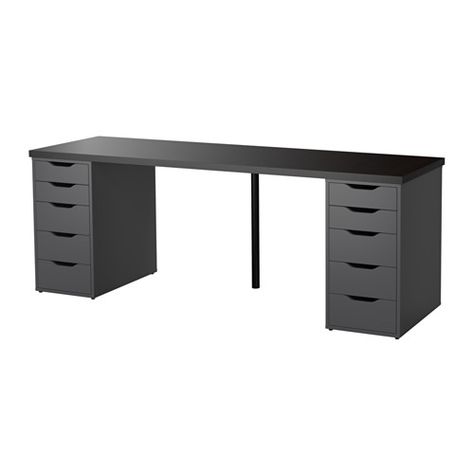 IKEA LINNMON/ALEX Table Black-brown/grey 200x60 cm Can be placed in the middle of a room because the back is finished. Ikea Linnmon Desk, Linnmon Desk, Ikea Galant, Ikea Linnmon, Ikea Alex Drawers, Cheap Office Furniture, Alex Drawer, Hack Ikea, Table Ikea