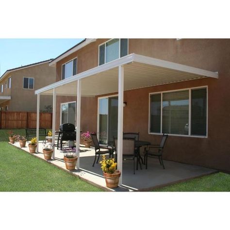 Integra 20 ft. x 8 ft. White Aluminum Attached Solid Patio Cover with 4 Posts (20 lbs. Live Load)-1252006700820 - The Home Depot Aluminum Patio Covers, Small Pergola, Covered Back Patio, Colorful Patio, Cheap Pergola, Pergola Lighting, Pergola Attached To House, Patio Cover, Covered Pergola