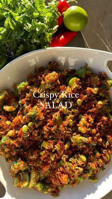 Sivan's Kitchen on Instagram: "Crispy rice salad (Nam Khao)🍚🌶️🥒🌿🥑🫛

A few tips before beginning: 
I made two batches of rice, one was Jasmin rice the other was a rice pilaf (uncle Ben’s). I ended up using the pilaf one cause they were more separate. For best results cook rice at a one-to-one ratio.
You can control the amount of heat you like, so if you have little ones, put less chili paste. Nut allergies? skip the peanuts, you can add toasted sesame seeds instead. 

Ingredients for crispy rice: 
•2 cups of white raw rice cooked and cooled 
•1 heaping tbsp. chili paste 
•3 tbsp. Oil 
Ingredients for salad:
•4 Persian cucumbers 
•1/2 bunch fresh mint 
•1/2 bunch fresh cilantro 
•about 5 scallions 
•1 cup shelled edamame 
•1 avocado 
•1/2 cup chopped peanuts 
Ingredients for dressing: Chicken And Rice Salad With Pine Nuts And Lemon, Crispy Rice Edamame Salad, Crispy Rice Salmon Cucumber Salad With Creamy Asian Dressing, Sivans Kitchen Recipes, Crispy Rice Cucumber Salad, Nam Khao, Sivan's Kitchen, Jasmin Rice, Crispy Rice Salad