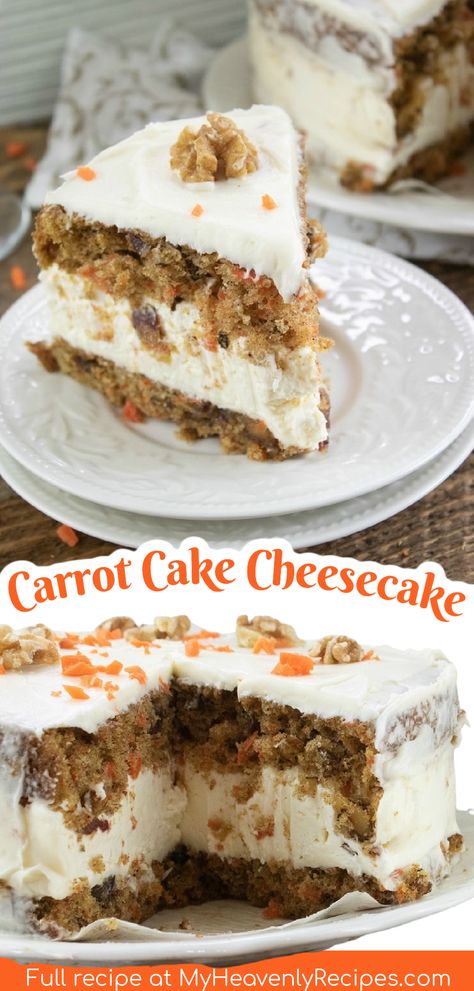 Carrot Cake Cheesecake Recipe- moist carrot cake with a layer of cheesecake. Easter dessert treat easter cake idea. so good cream cheese frosting Gingerbread Cakes, Cheesecake Tacos, Carrot Cake Cheesecake Recipe, Carrot Cheesecake, Easter Carrot Cake, Spice Cakes, My Heavenly Recipes, Carrot Desserts, Moist Carrot Cake